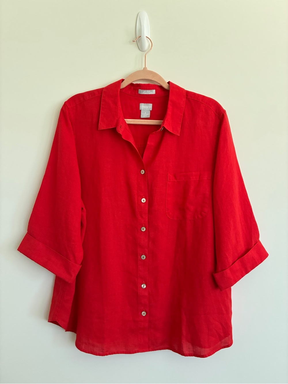 Chico’s Relaxed Red Button-Down Linen Shirt size 3/16-18